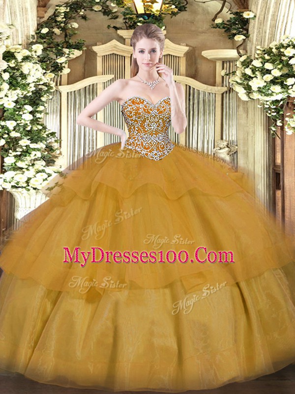 Comfortable Brown Lace Up Sweetheart Beading and Ruffled Layers Quinceanera Gowns Organza Sleeveless