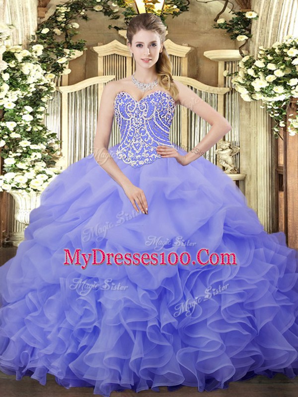 Lavender Sweetheart Neckline Beading and Ruffles and Pick Ups Sweet 16 Quinceanera Dress Sleeveless Lace Up