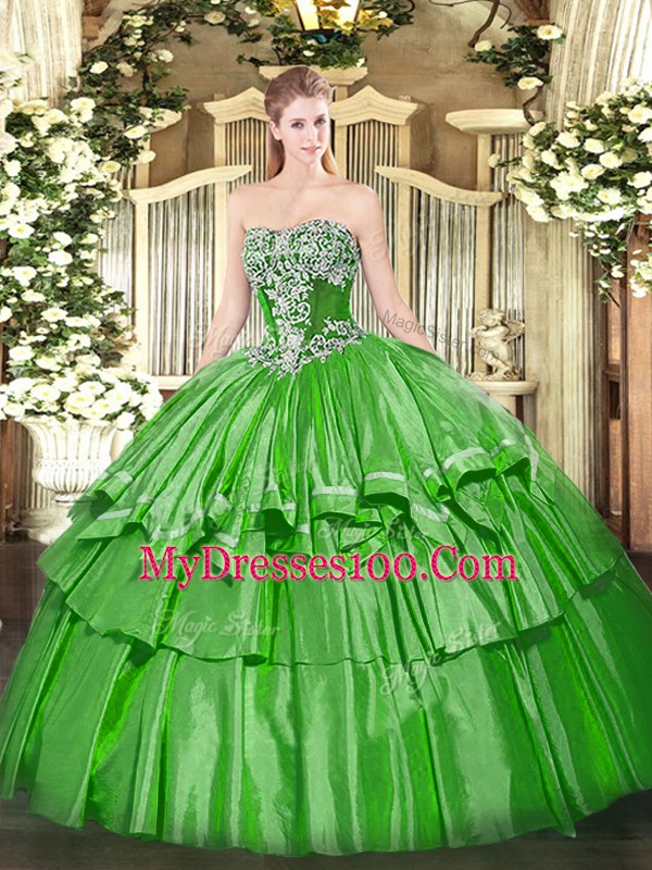 Glorious Green Strapless Lace Up Beading and Ruffled Layers Vestidos de Quinceanera Sleeveless