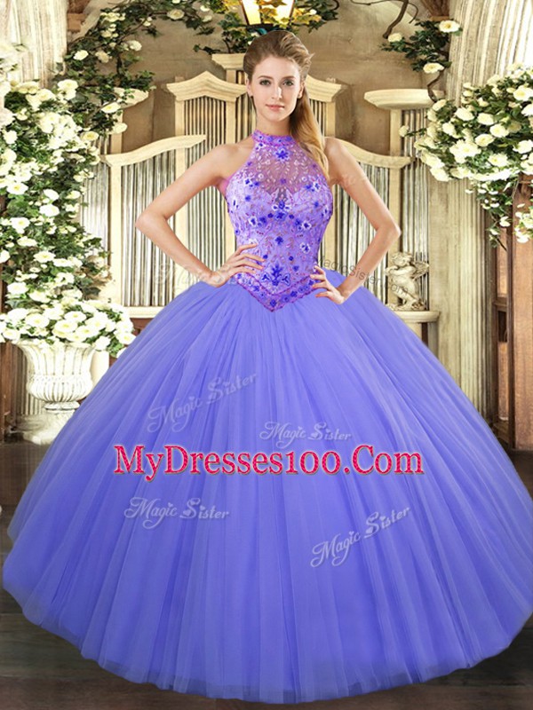 Lavender Halter Top Lace Up Beading and Embroidery Sweet 16 Dress Sleeveless