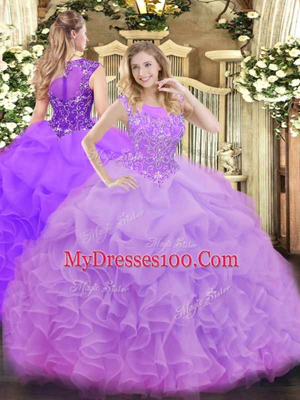 Super Lavender Sleeveless Organza Zipper 15th Birthday Dress for Military Ball and Sweet 16 and Quinceanera