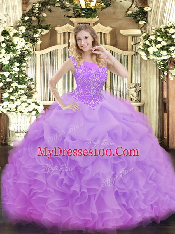 Super Lavender Sleeveless Organza Zipper 15th Birthday Dress for Military Ball and Sweet 16 and Quinceanera