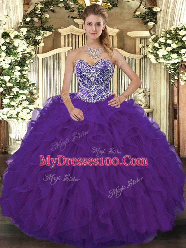 Sweetheart Sleeveless Lace Up 15th Birthday Dress Purple Lace