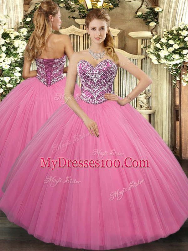 New Style Tulle Sweetheart Sleeveless Lace Up Beading Sweet 16 Dress in Rose Pink