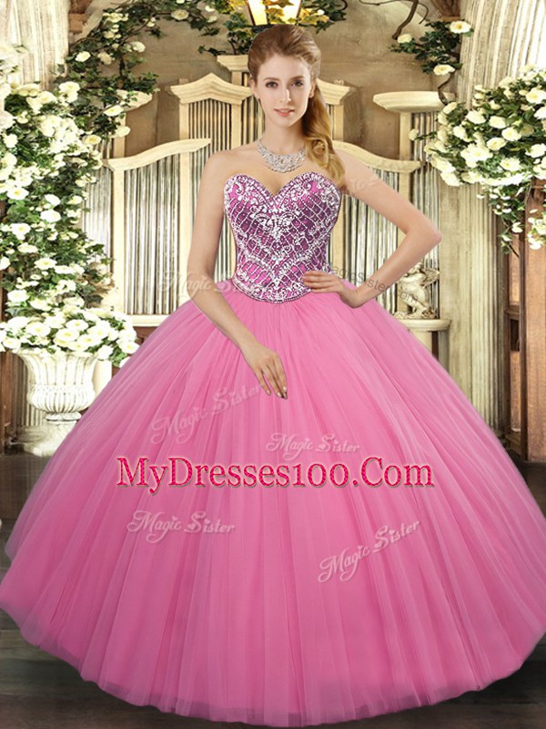 New Style Tulle Sweetheart Sleeveless Lace Up Beading Sweet 16 Dress in Rose Pink