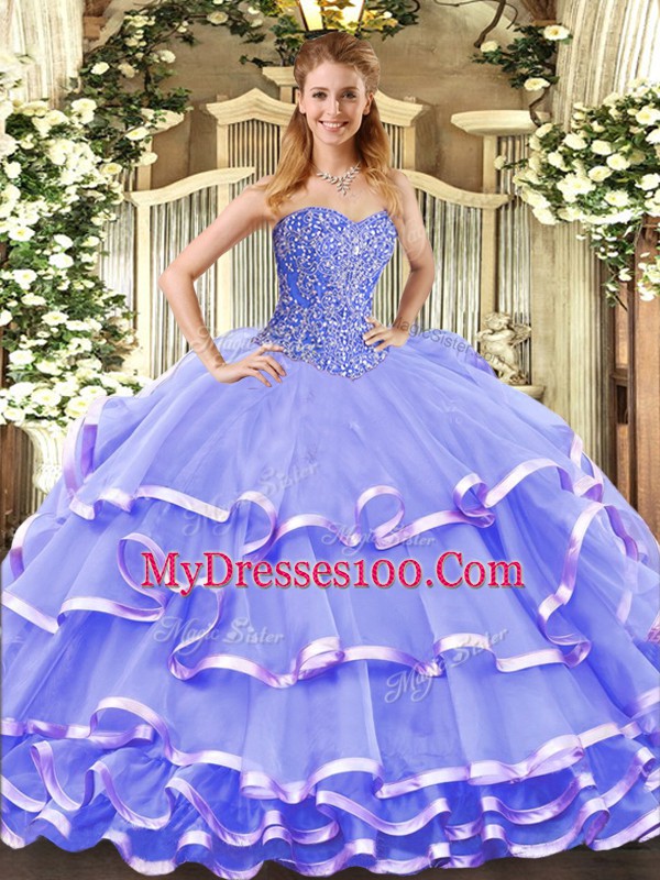 Custom Design Floor Length Lavender 15th Birthday Dress Organza Sleeveless Beading and Ruffled Layers