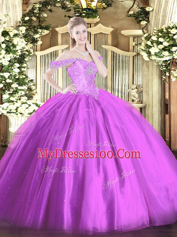 Fantastic Lilac Off The Shoulder Lace Up Beading Quince Ball Gowns Sleeveless