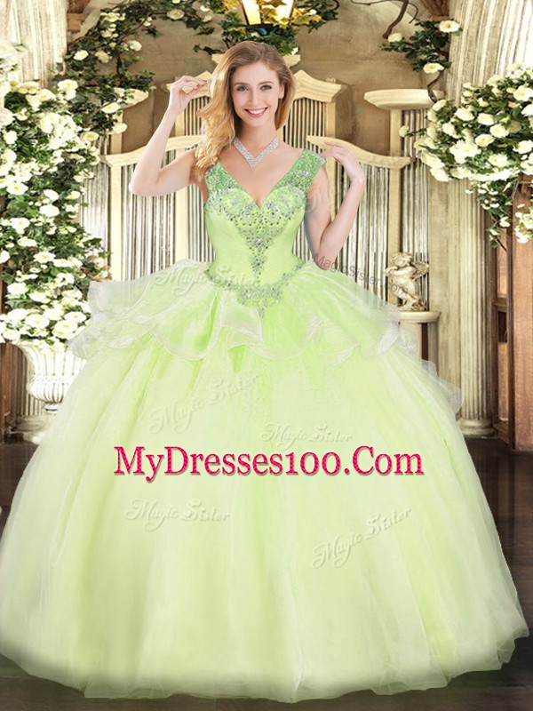 Fitting Yellow Green Ball Gowns Tulle V-neck Sleeveless Beading Floor Length Lace Up Sweet 16 Quinceanera Dress