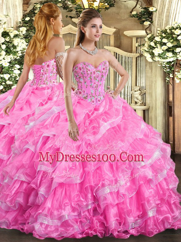 Delicate Floor Length Rose Pink Sweet 16 Quinceanera Dress Sweetheart Sleeveless Lace Up
