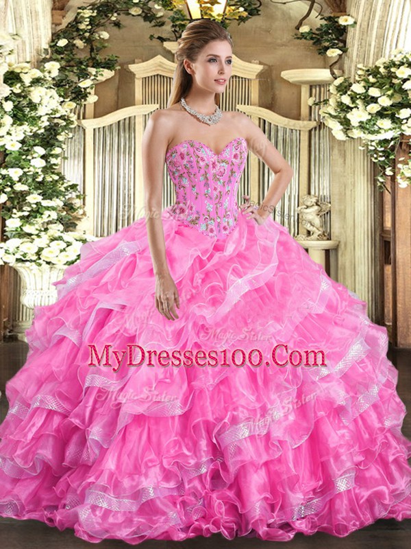 Delicate Floor Length Rose Pink Sweet 16 Quinceanera Dress Sweetheart Sleeveless Lace Up