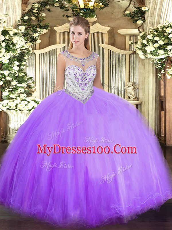 Eye-catching Sleeveless Tulle Floor Length Zipper Quinceanera Gown in Lavender with Beading