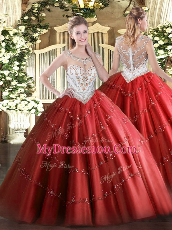 Exquisite Red Scoop Neckline Beading and Appliques Quinceanera Dress Sleeveless Zipper