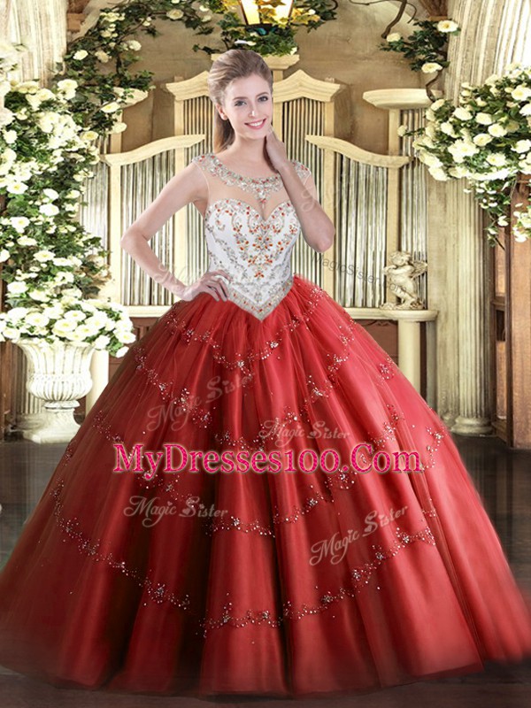 Exquisite Red Scoop Neckline Beading and Appliques Quinceanera Dress Sleeveless Zipper