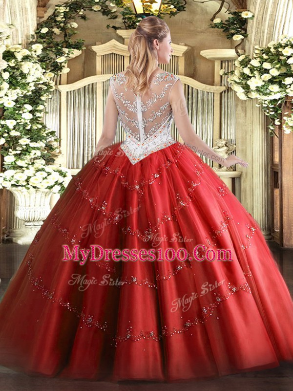Exquisite Red Scoop Neckline Beading and Appliques Quinceanera Dress Sleeveless Zipper