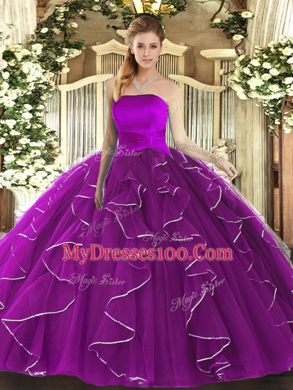 Purple Lace Up Quince Ball Gowns Ruffles Sleeveless Floor Length