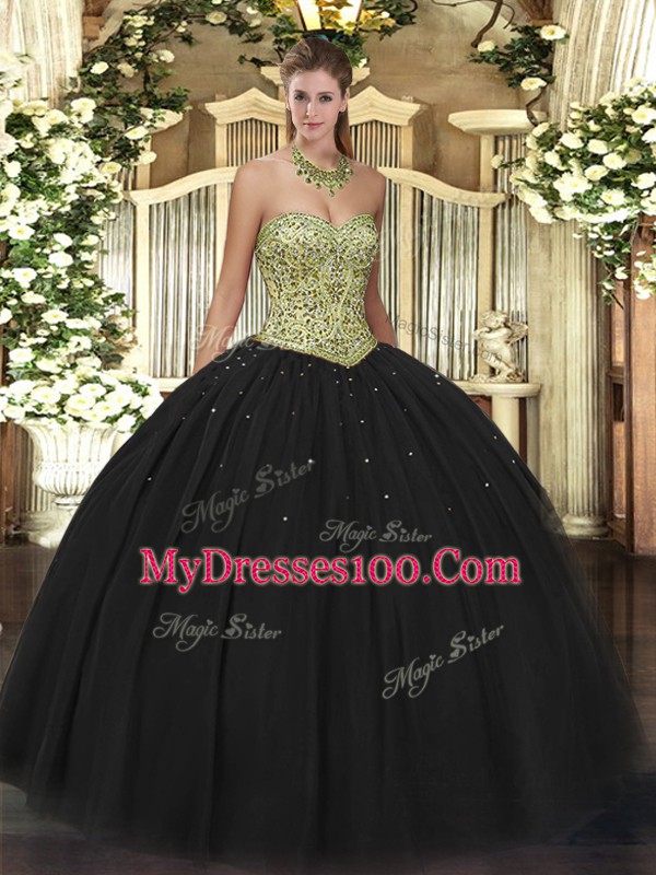 Simple Black Lace Up Sweetheart Beading Quinceanera Gown Tulle Sleeveless