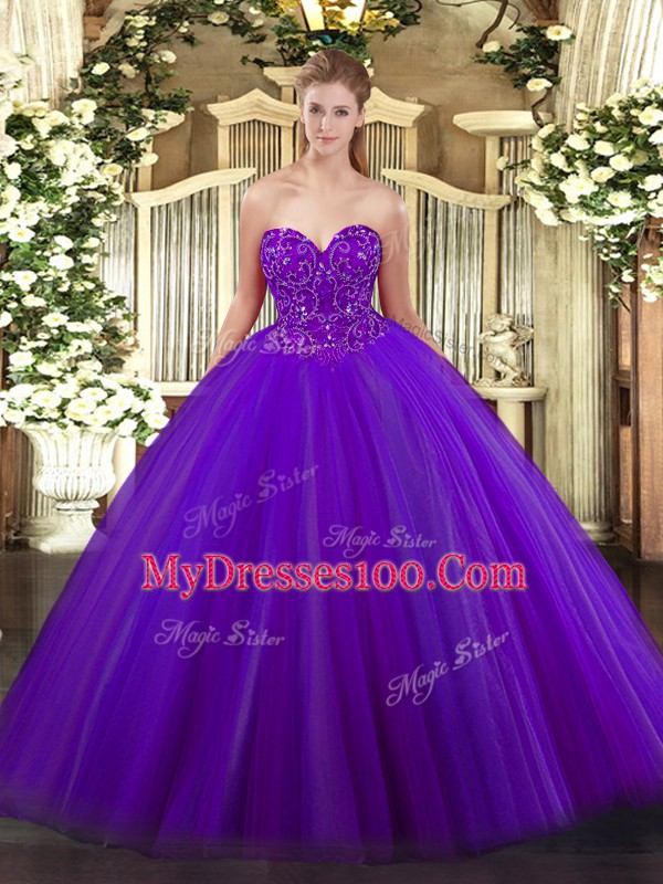 Excellent Purple Sleeveless Floor Length Beading Lace Up Sweet 16 Dresses