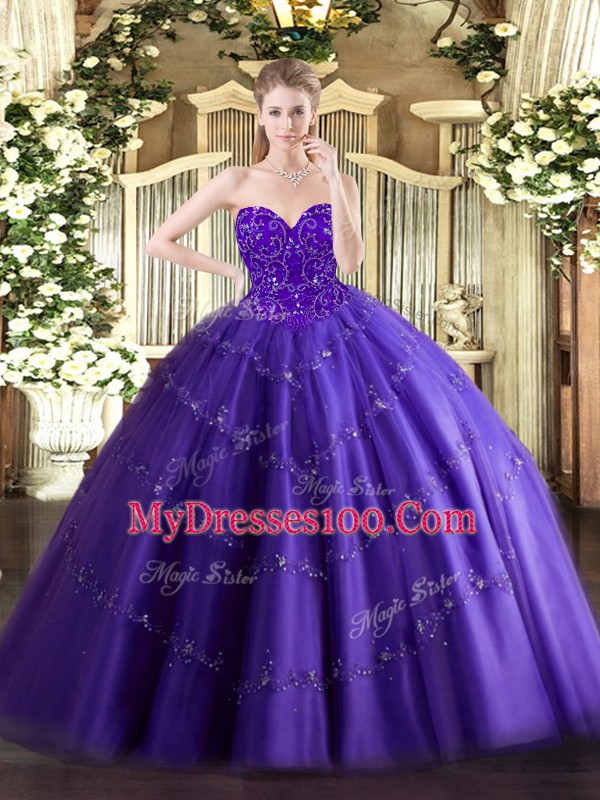 Custom Made Purple Sweetheart Lace Up Appliques Sweet 16 Quinceanera Dress Sleeveless