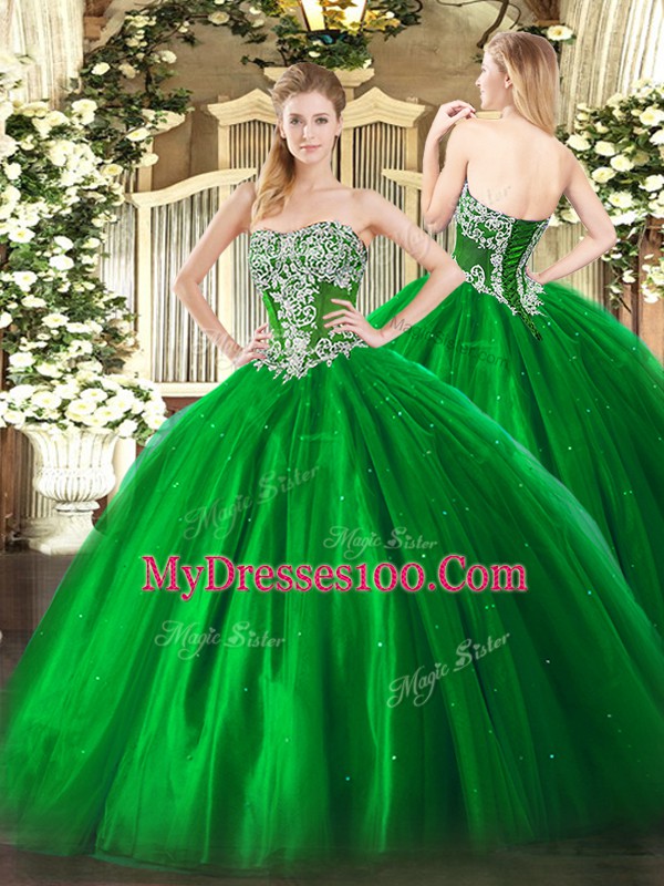 Floor Length Ball Gowns Sleeveless Green Sweet 16 Dresses Lace Up