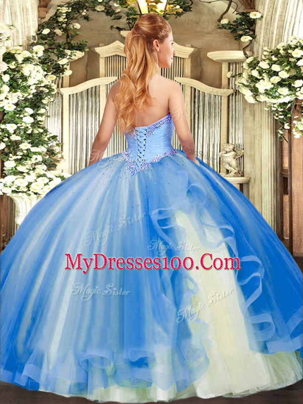 Pink Lace Up Strapless Beading and Ruffles 15 Quinceanera Dress Tulle Sleeveless