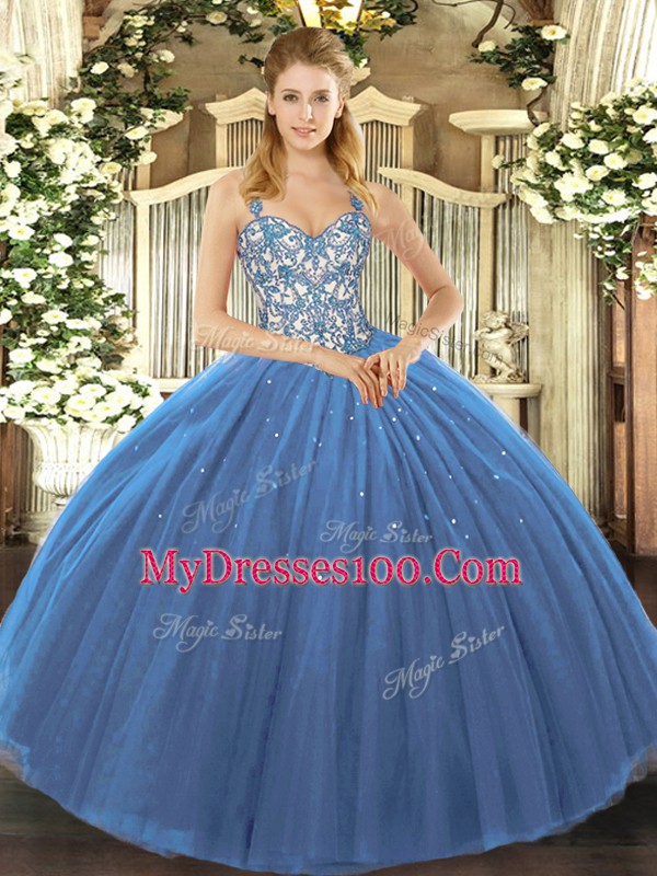 Lovely Ball Gowns Sweet 16 Dress Navy Blue Straps Tulle Sleeveless Floor Length Lace Up