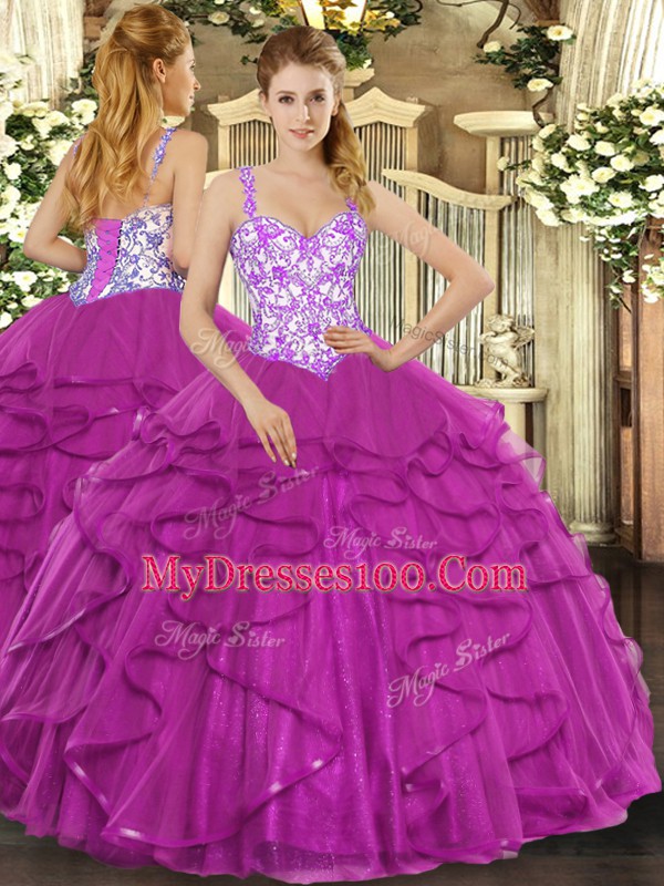 Fuchsia Sleeveless Beading and Appliques and Ruffles Floor Length Ball Gown Prom Dress