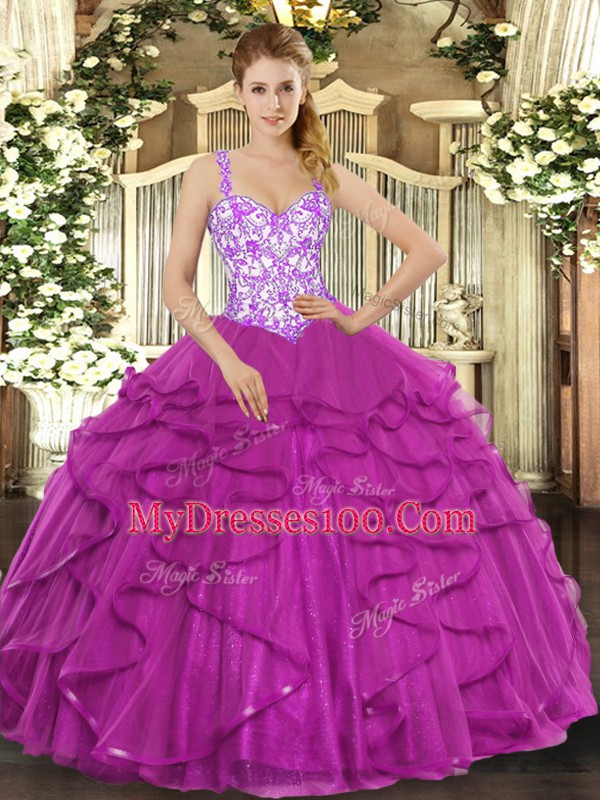 Fuchsia Sleeveless Beading and Appliques and Ruffles Floor Length Ball Gown Prom Dress