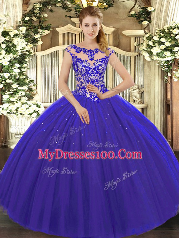 Scoop Cap Sleeves 15th Birthday Dress Floor Length Beading and Appliques Royal Blue Tulle