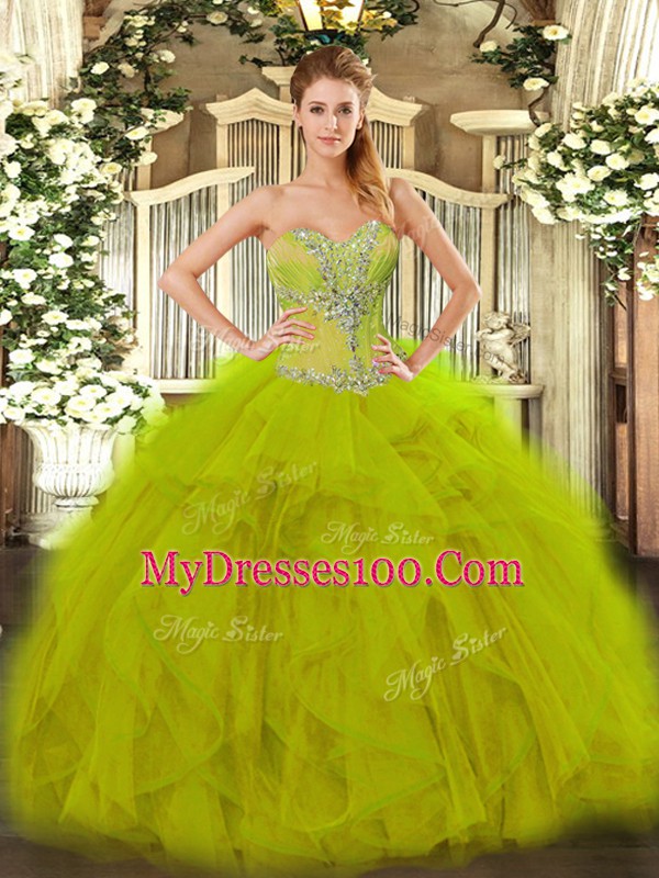 Decent Olive Green Sleeveless Floor Length Beading and Ruffles Lace Up Quinceanera Gown