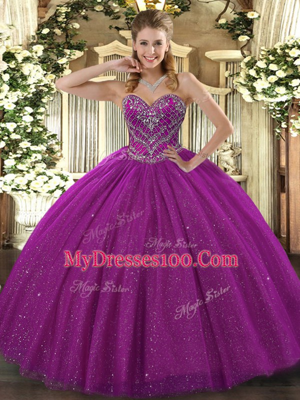 Stunning Fuchsia Sweetheart Neckline Beading 15th Birthday Dress Sleeveless Lace Up