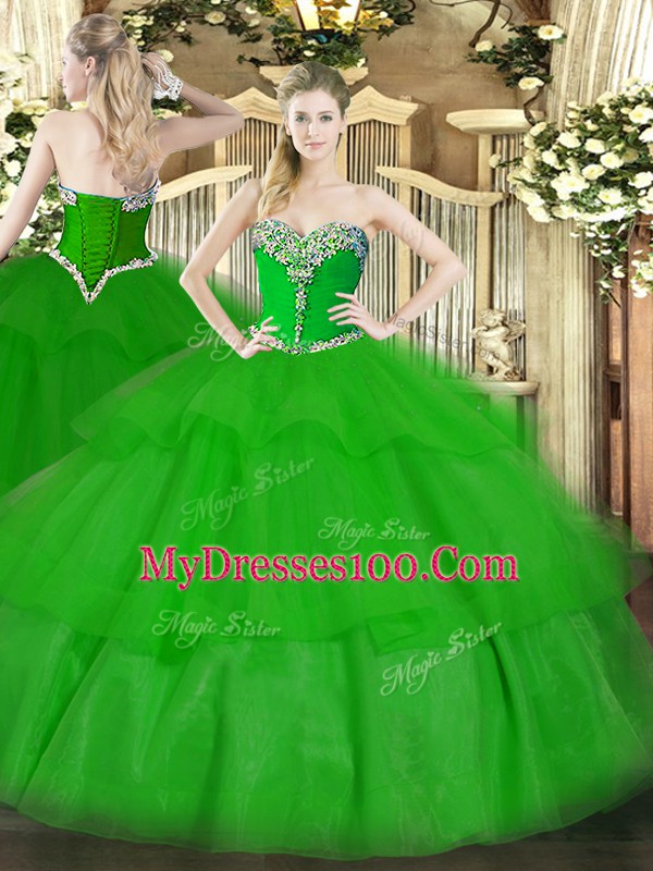 Most Popular Sweetheart Sleeveless Sweet 16 Dresses Floor Length Beading and Ruffled Layers Green Tulle