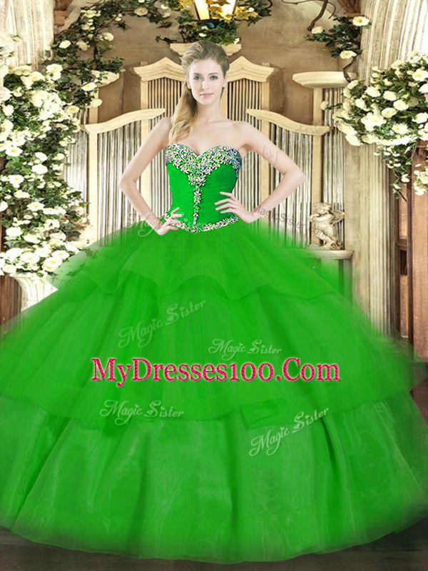 Most Popular Sweetheart Sleeveless Sweet 16 Dresses Floor Length Beading and Ruffled Layers Green Tulle