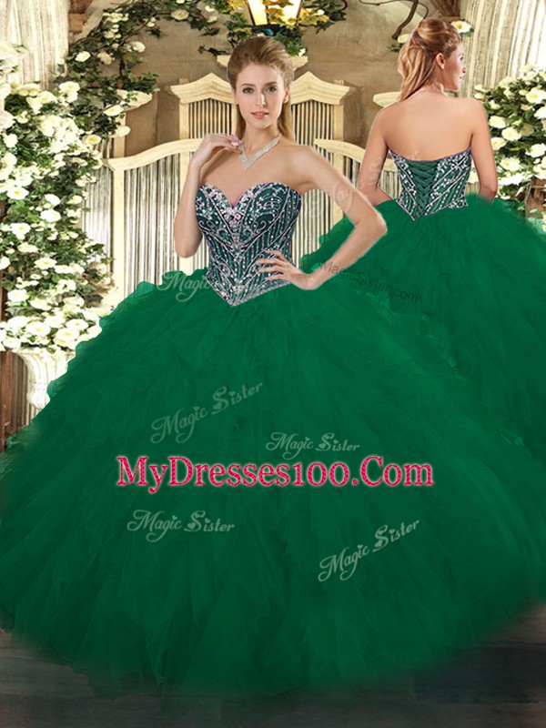 Sleeveless Tulle Floor Length Lace Up Quinceanera Dress in Dark Green with Beading and Ruffles