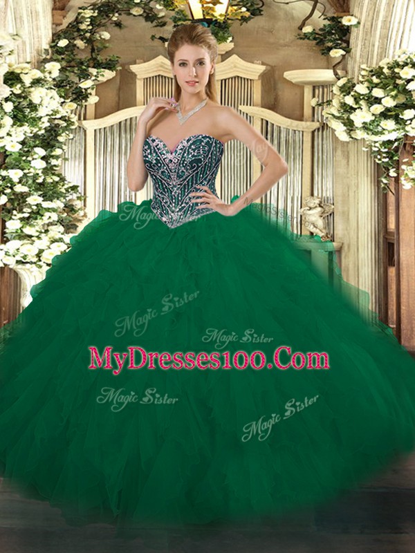 Sleeveless Tulle Floor Length Lace Up Quinceanera Dress in Dark Green with Beading and Ruffles