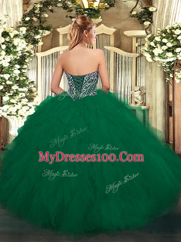 Sleeveless Tulle Floor Length Lace Up Quinceanera Dress in Dark Green with Beading and Ruffles