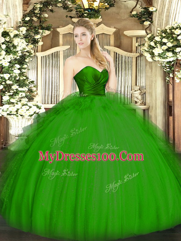 Decent Green Ball Gowns Ruffles Quince Ball Gowns Zipper Tulle Sleeveless Floor Length