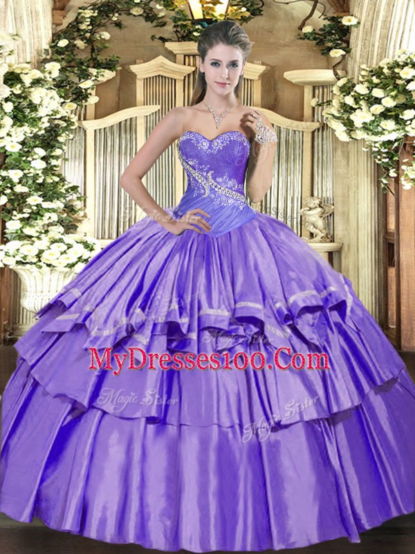 Sleeveless Floor Length Beading and Ruffled Layers Lace Up Sweet 16 Dresses with Lavender