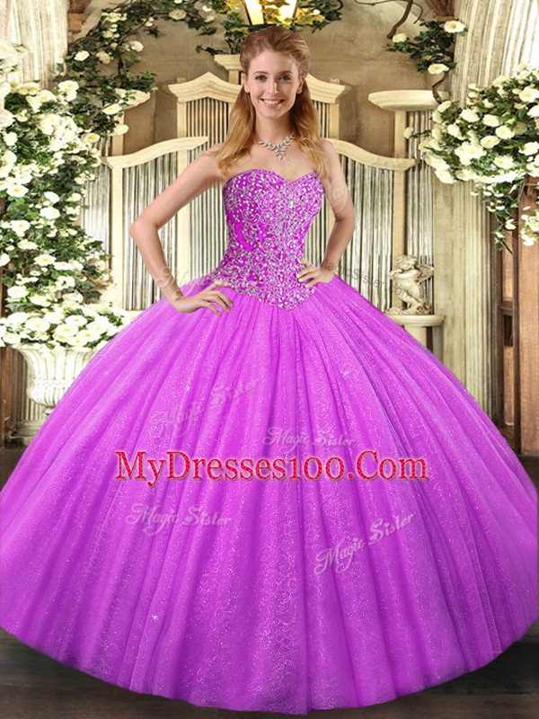 Delicate Lilac Ball Gowns Beading Quinceanera Gown Lace Up Tulle Sleeveless Floor Length