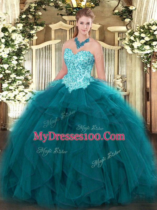 Organza Sweetheart Sleeveless Lace Up Appliques and Ruffles Sweet 16 Dresses in Teal