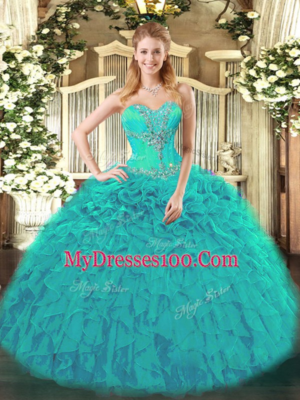 Beading and Ruffles 15 Quinceanera Dress Teal Lace Up Sleeveless