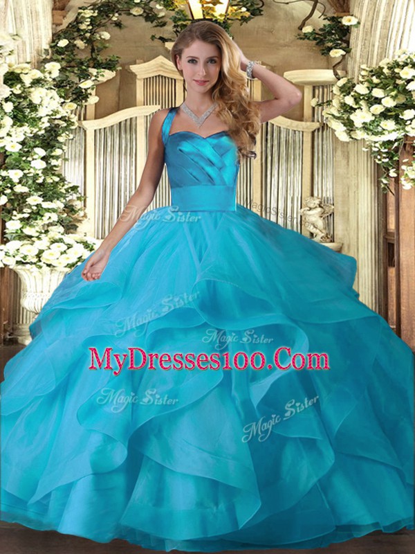 Ball Gowns Quinceanera Dresses Baby Blue Halter Top Tulle Sleeveless Floor Length Lace Up