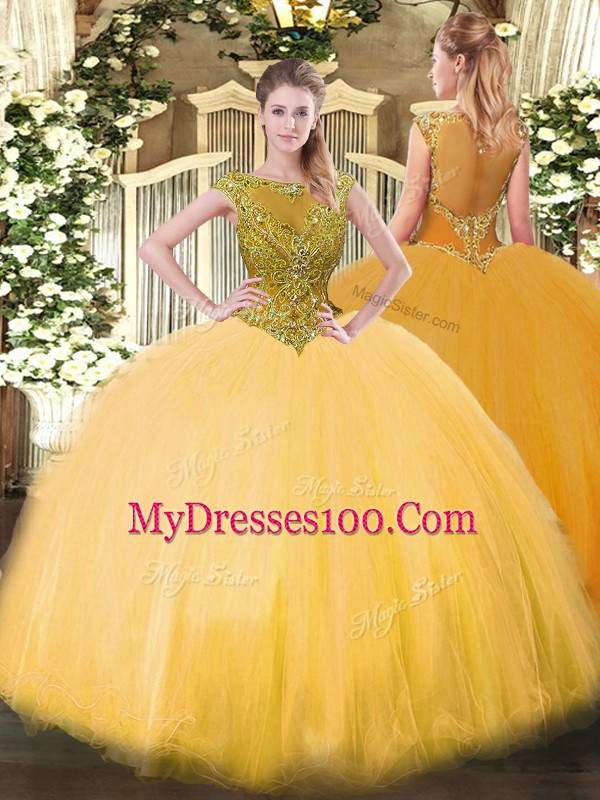 Gold Scoop Neckline Beading Quinceanera Dresses Sleeveless Zipper