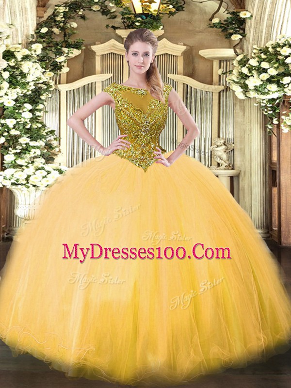 Gold Scoop Neckline Beading Quinceanera Dresses Sleeveless Zipper