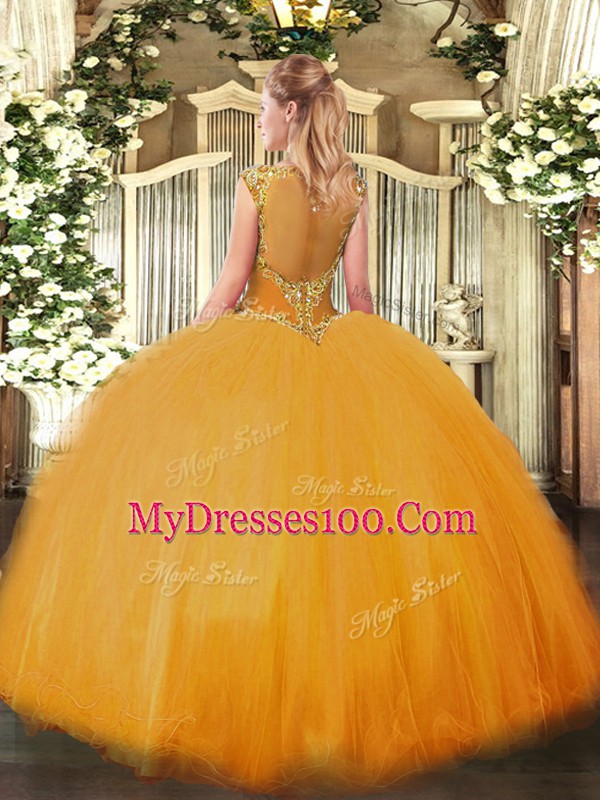 Gold Scoop Neckline Beading Quinceanera Dresses Sleeveless Zipper