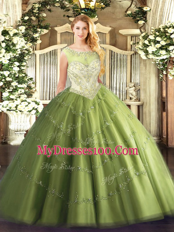 High Class Floor Length Olive Green Vestidos de Quinceanera Scoop Cap Sleeves Zipper