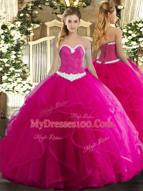Sweetheart Sleeveless Sweet 16 Dresses Floor Length Appliques and Ruffles Fuchsia Tulle