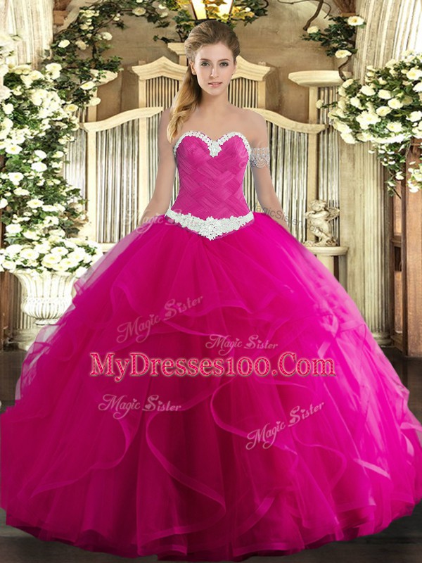 Sweetheart Sleeveless Sweet 16 Dresses Floor Length Appliques and Ruffles Fuchsia Tulle