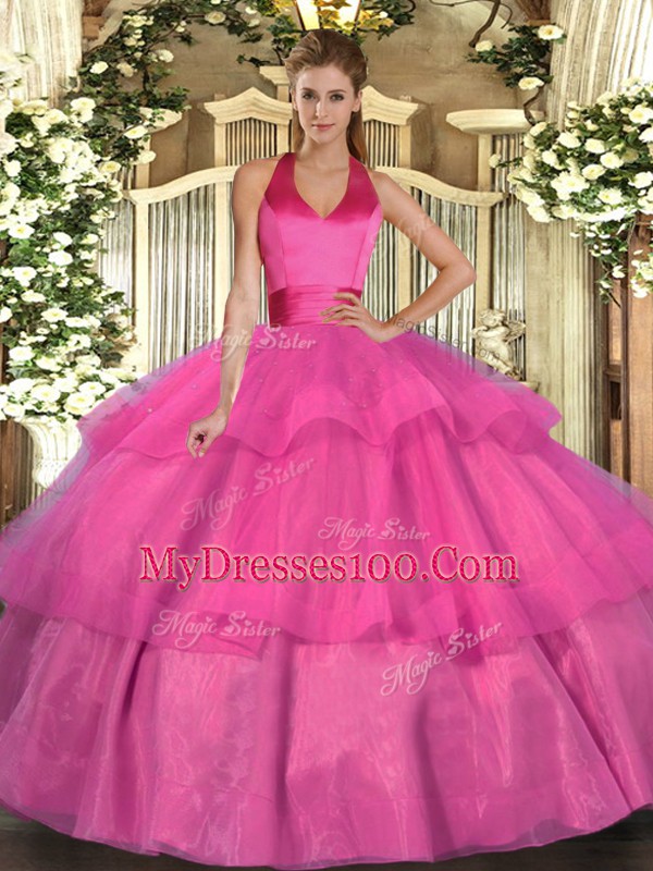 Best Floor Length Lace Up Sweet 16 Quinceanera Dress Fuchsia for Military Ball and Sweet 16 and Quinceanera with Ruffled Layers