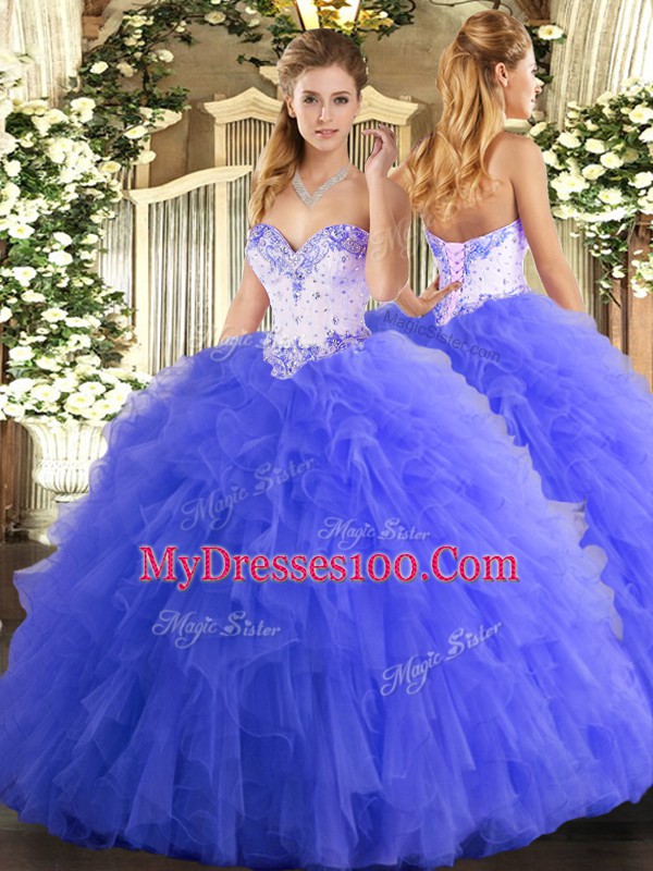 Superior Floor Length Blue Sweet 16 Dresses Sweetheart Sleeveless Lace Up