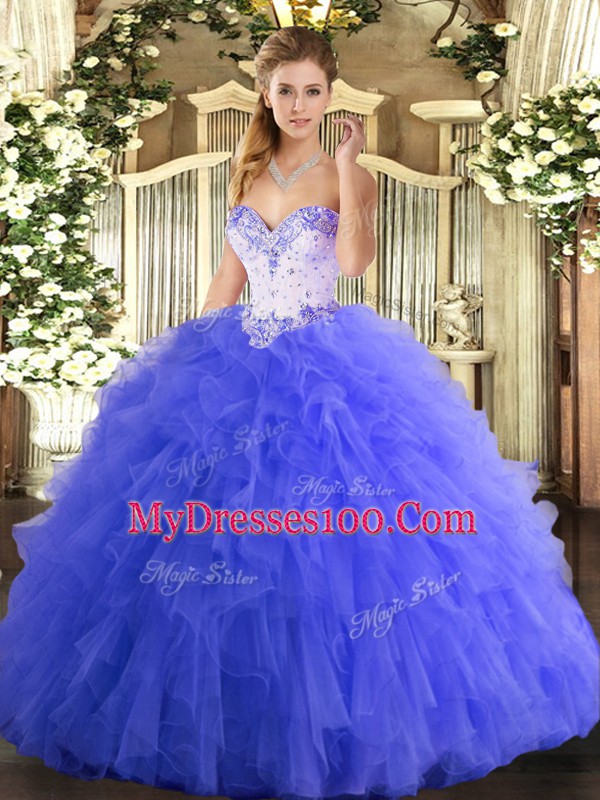 Superior Floor Length Blue Sweet 16 Dresses Sweetheart Sleeveless Lace Up